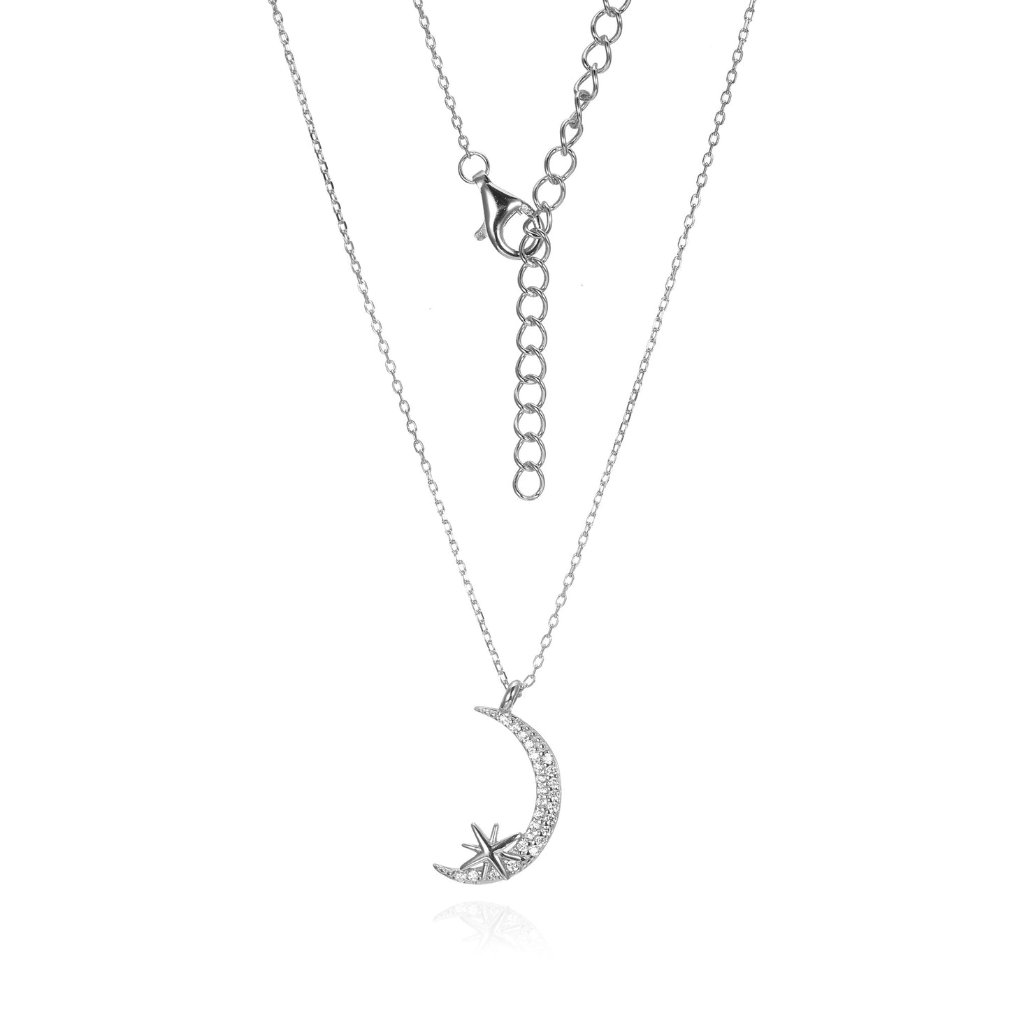 Silver CZ Crescent Moon & Star Necklace