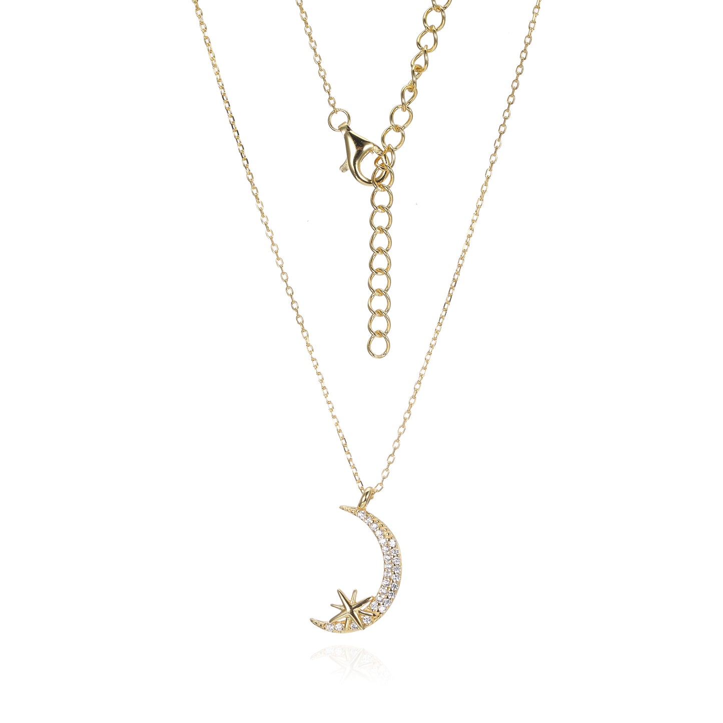 Silver CZ Crescent Moon & Star Necklace