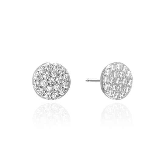 Silver CZ Round Disc Stud Earrings