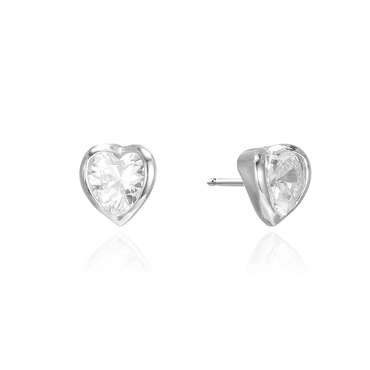 Silver CZ Heart Stud Earrings