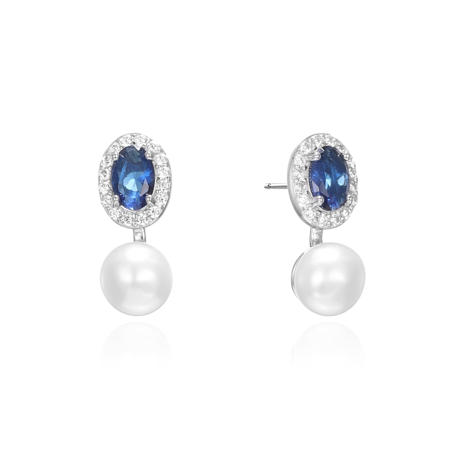 Silver Oval Halo CZ Pearl Drop Earrings