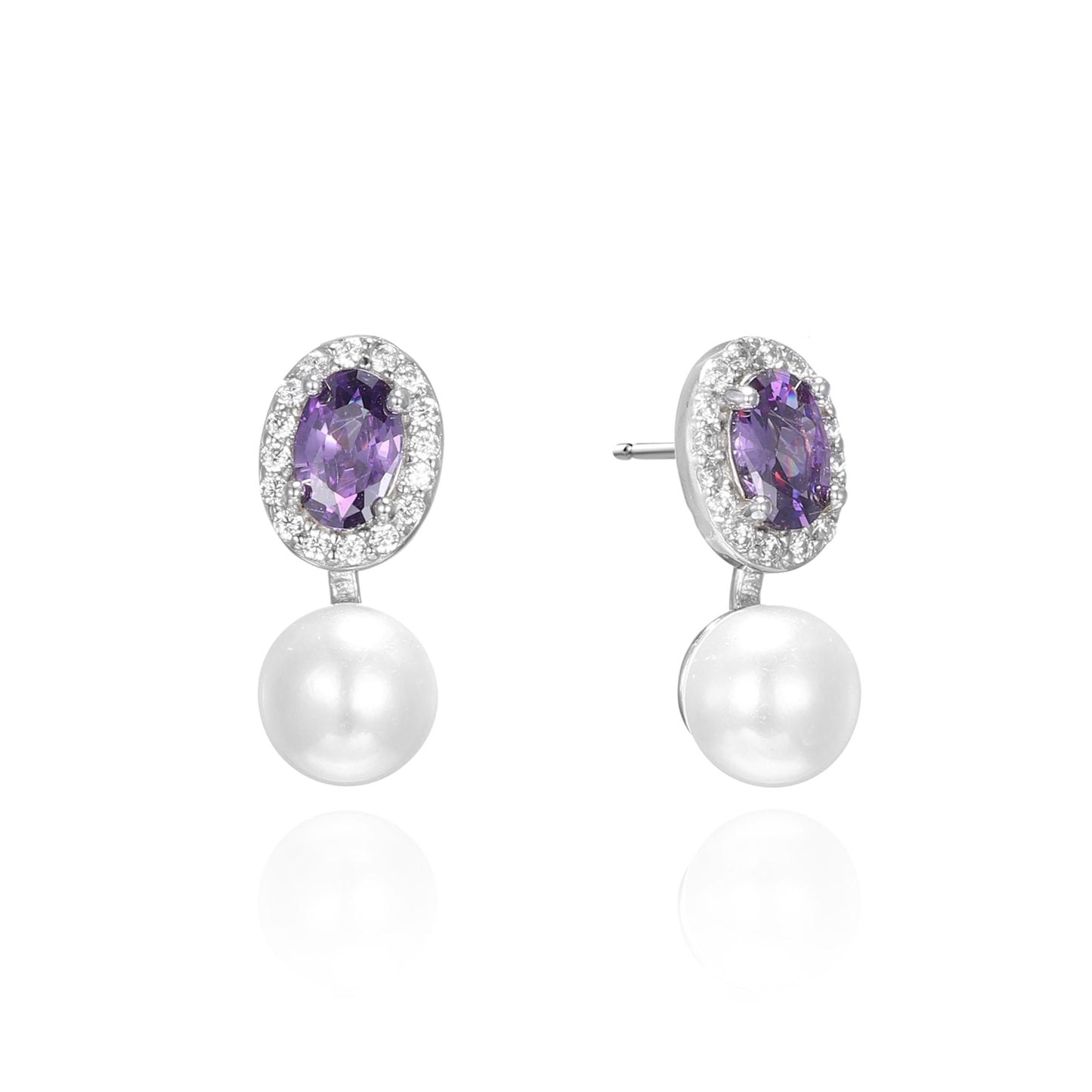 Silver Oval Halo CZ Pearl Drop Earrings