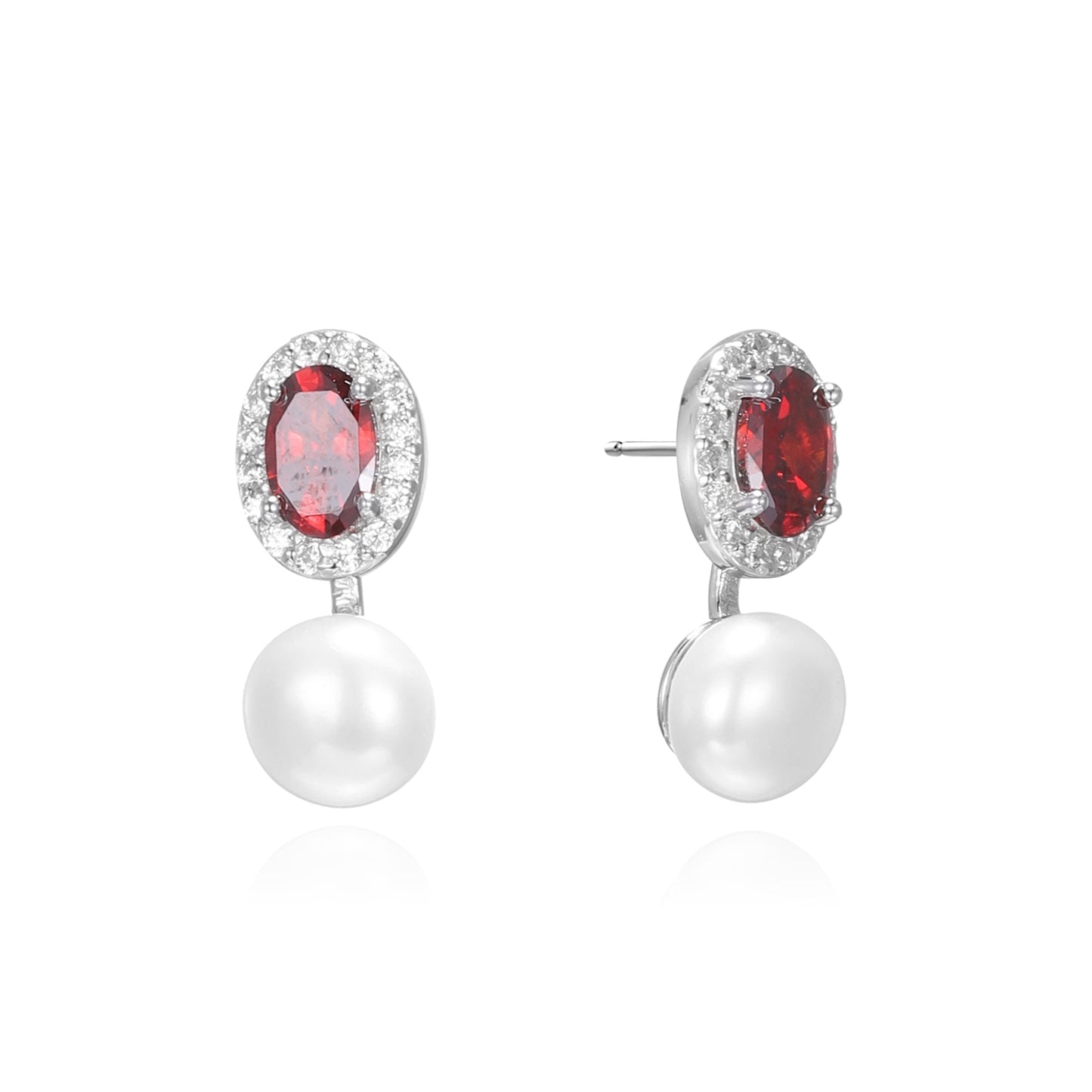 Silver Oval Halo CZ Pearl Drop Earrings