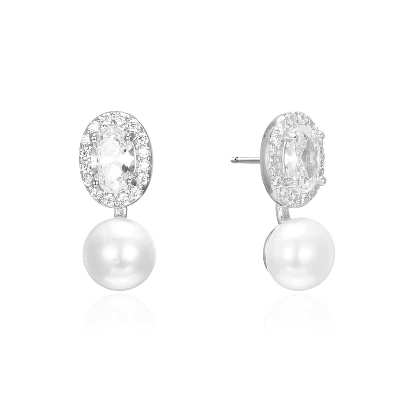 Silver Oval Halo CZ Pearl Drop Earrings