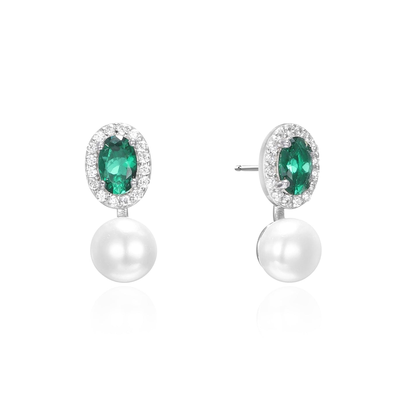 Silver Oval Halo CZ Pearl Drop Earrings