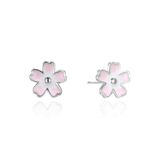 Silver Enamel Sakura Stud Earrings