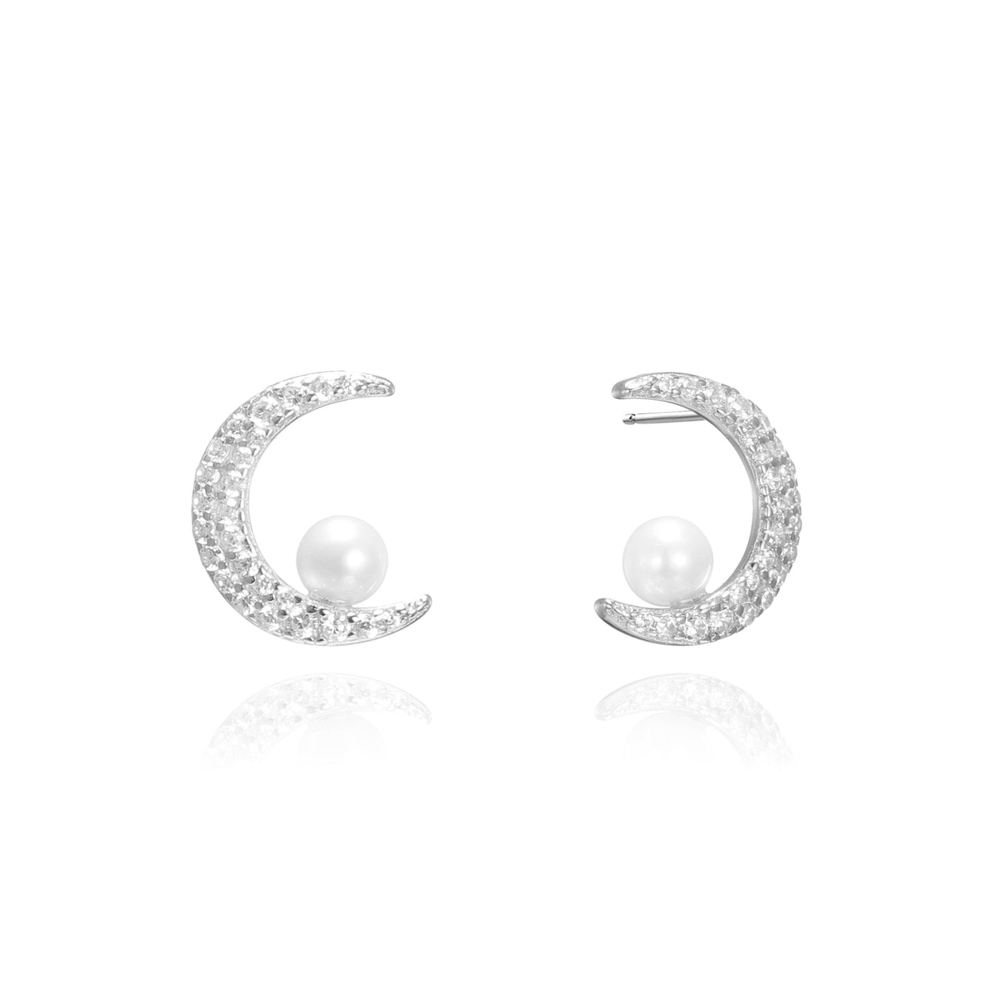 Silver CZ Moon Pearl Stud Earrings