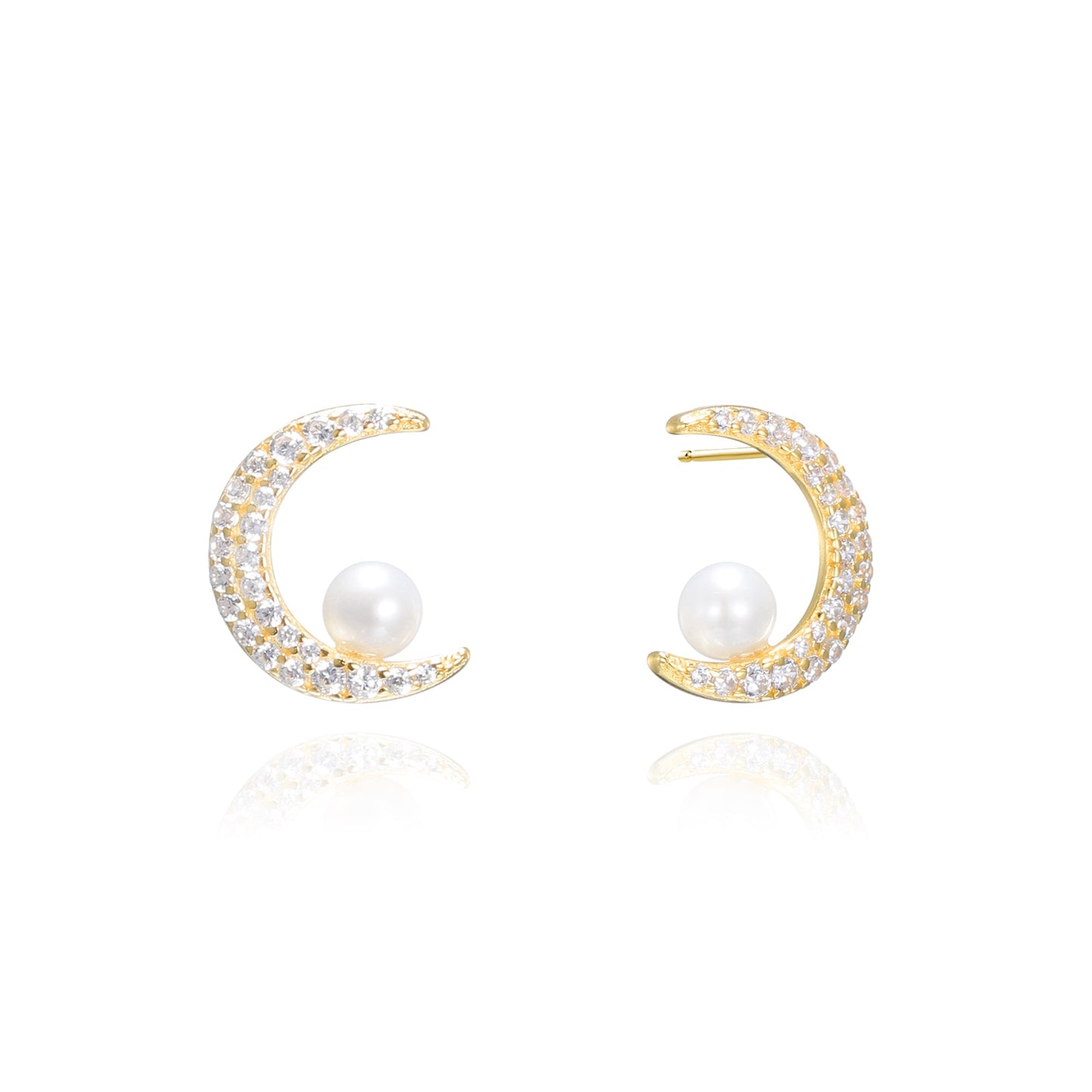 Silver CZ Moon Pearl Stud Earrings