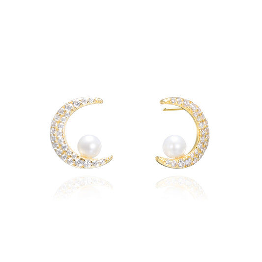 Silver CZ Moon Pearl Stud Earrings