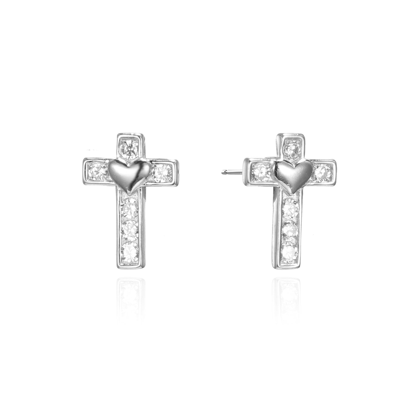 Silver CZ Cross With Plain Heart Stud Earrings