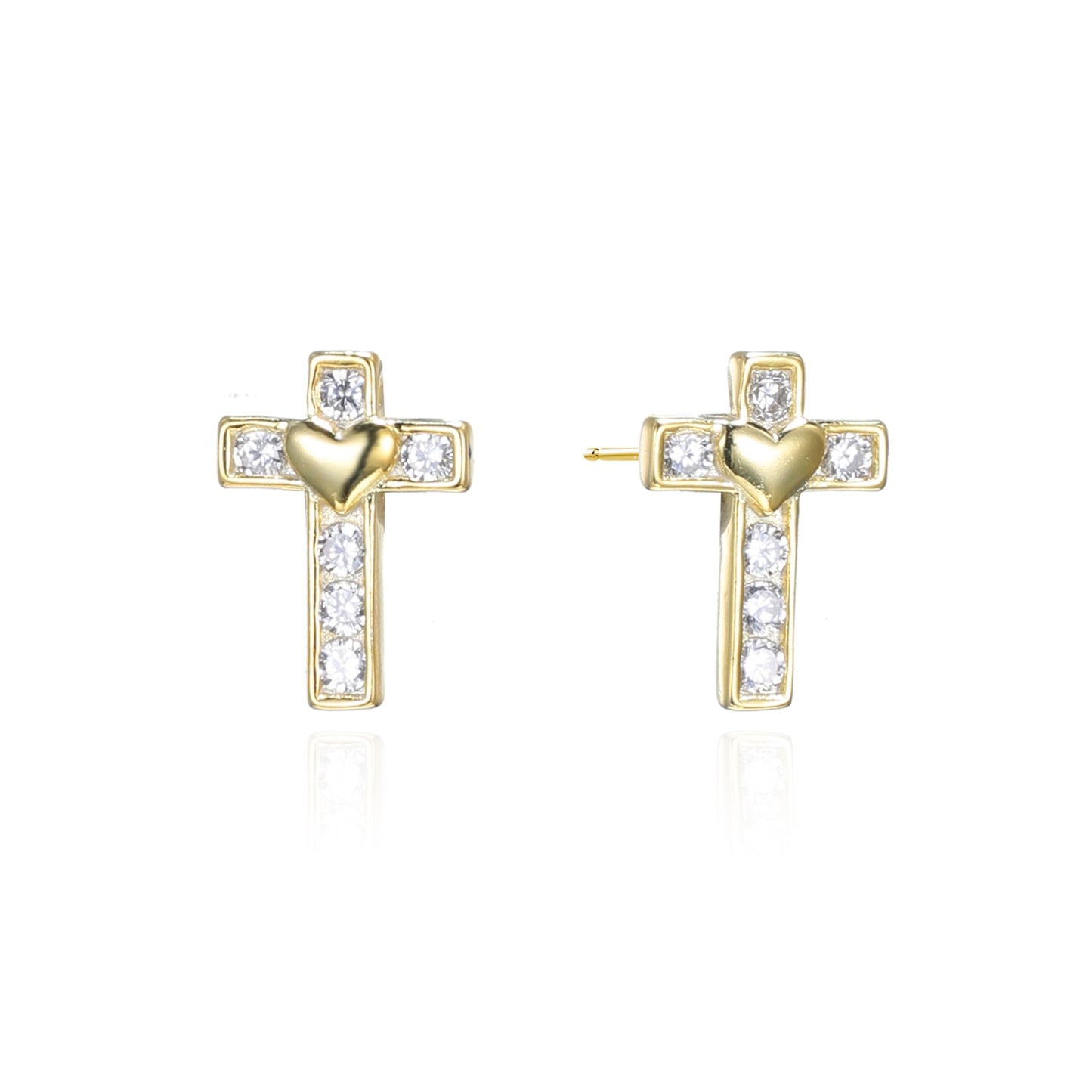 Silver CZ Cross With Plain Heart Stud Earrings