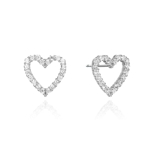 Silver CZ Hollow Heart Stud Earrings