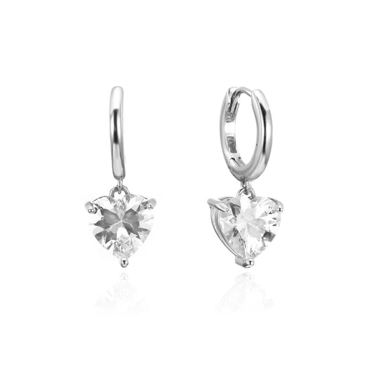 Silver CZ Dangle Heart Hoop Earrings