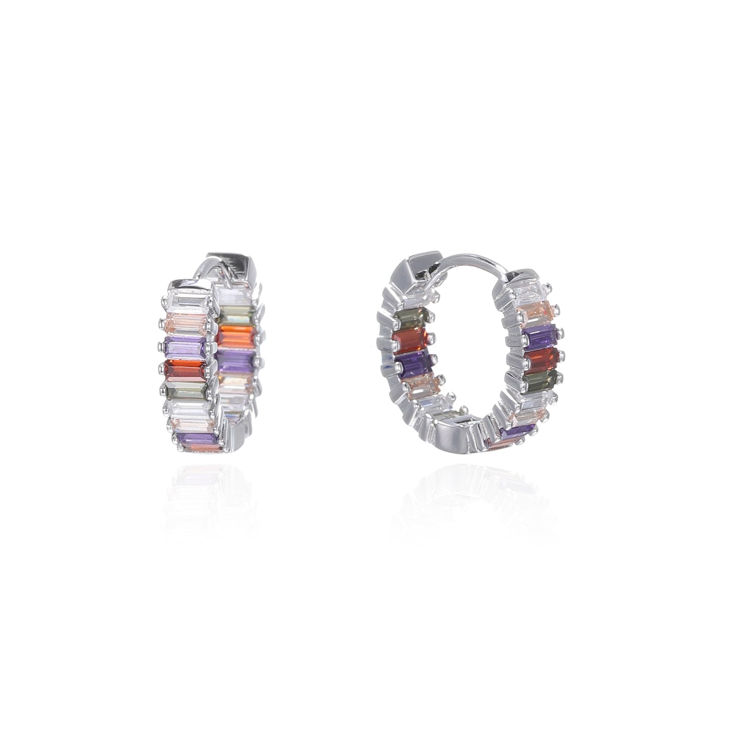 Silver Baguette CZ Multi Color Hoop Earrings