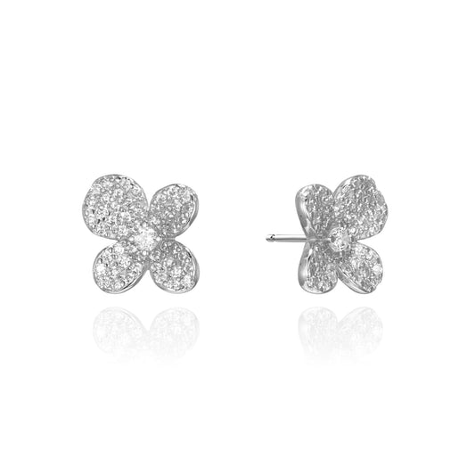 Silver CZ Pave Flower Stud Earrings