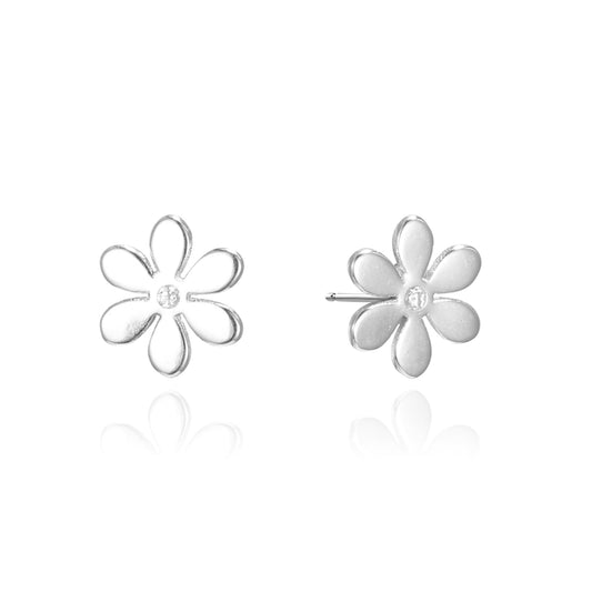 Silver Bezel CZ Flower Stud Earrings