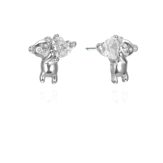 Silver CZ Heart Teddy Bear Stud Earrings