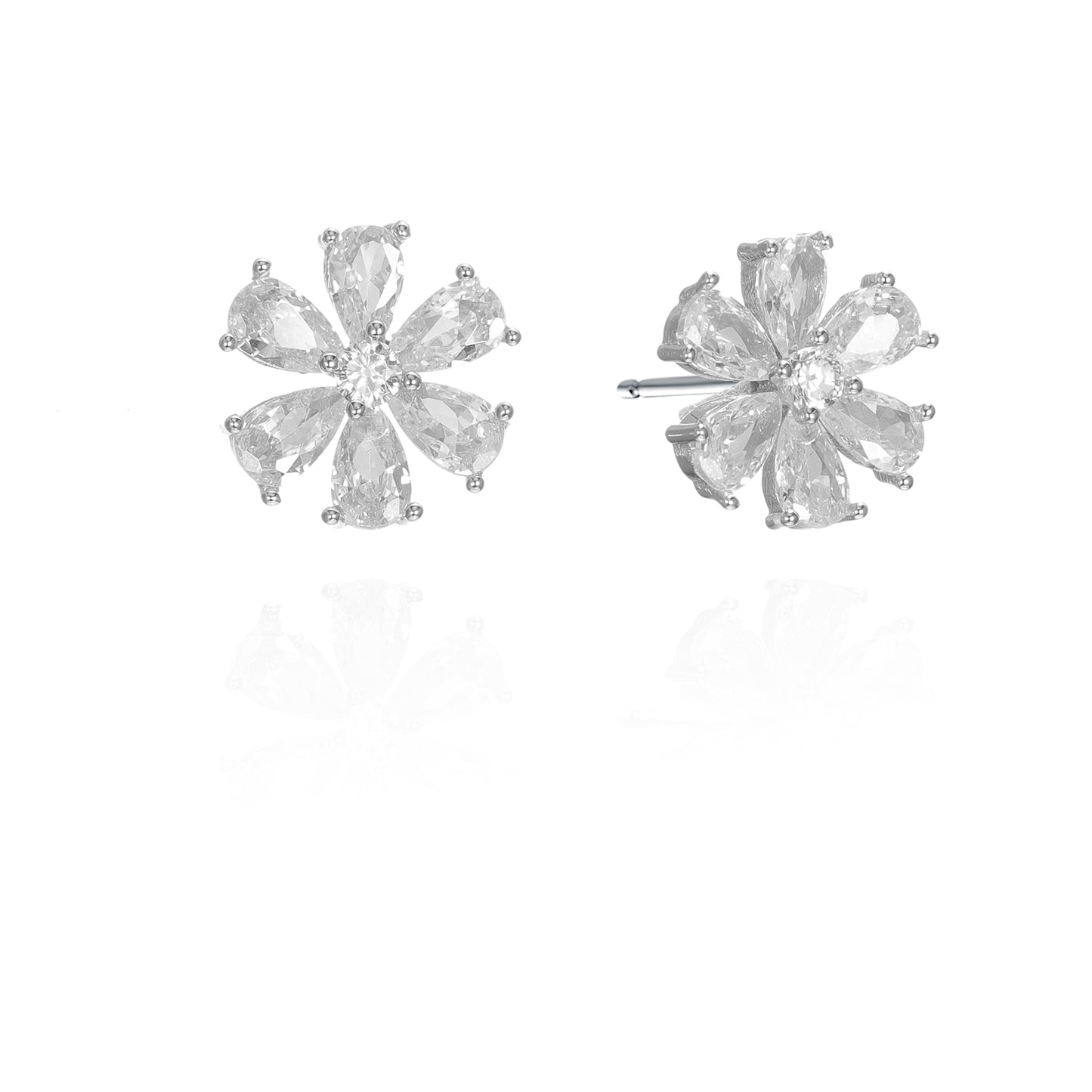 Silver CZ Flower Stud Earrings