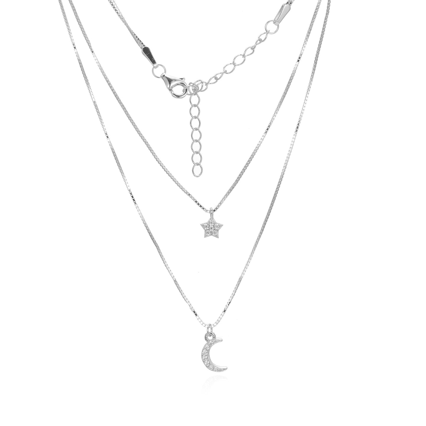 Silver Layered Moon Star Necklace