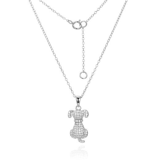 Silver CZ Pave Dog Pendant Necklace