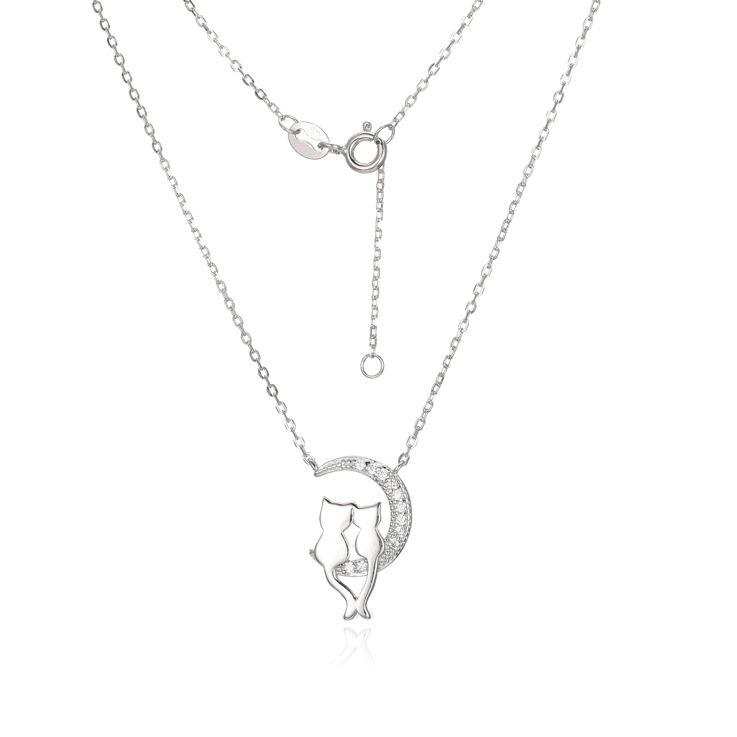 Silver Cat and Moon Necklace