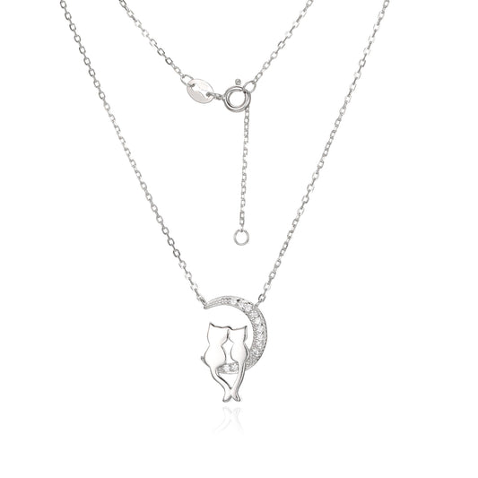 Silver Cat and Moon Necklace