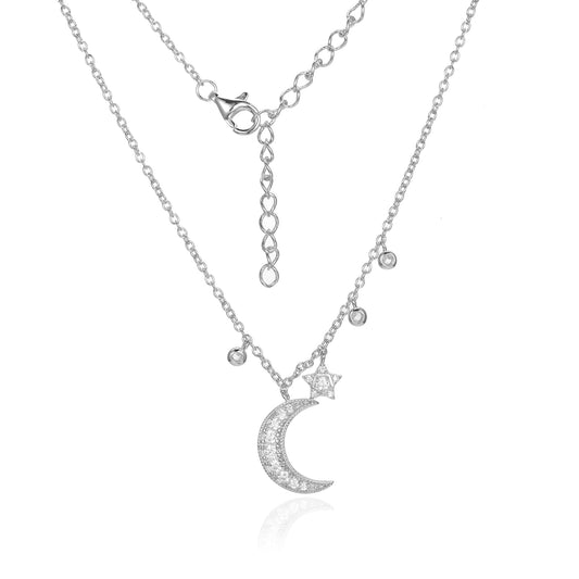 Silver CZ Moon Star Necklace