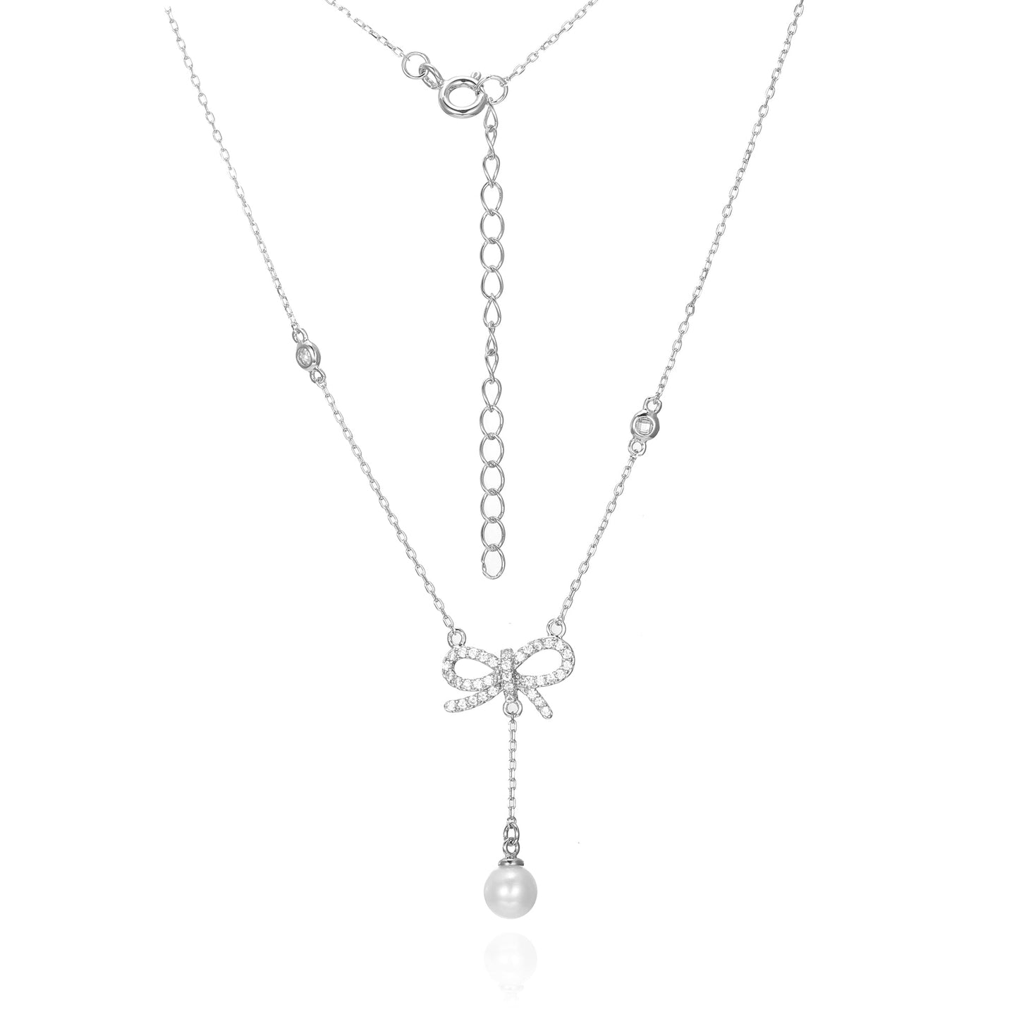 Silver CZ Bow Pearl Necklace