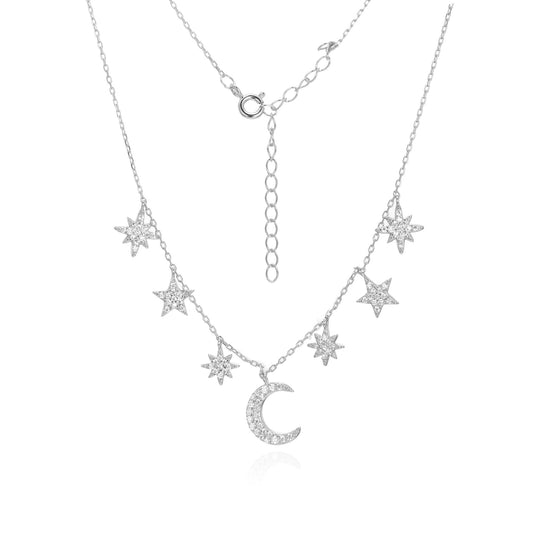 Silver CZ Star Moon Necklace