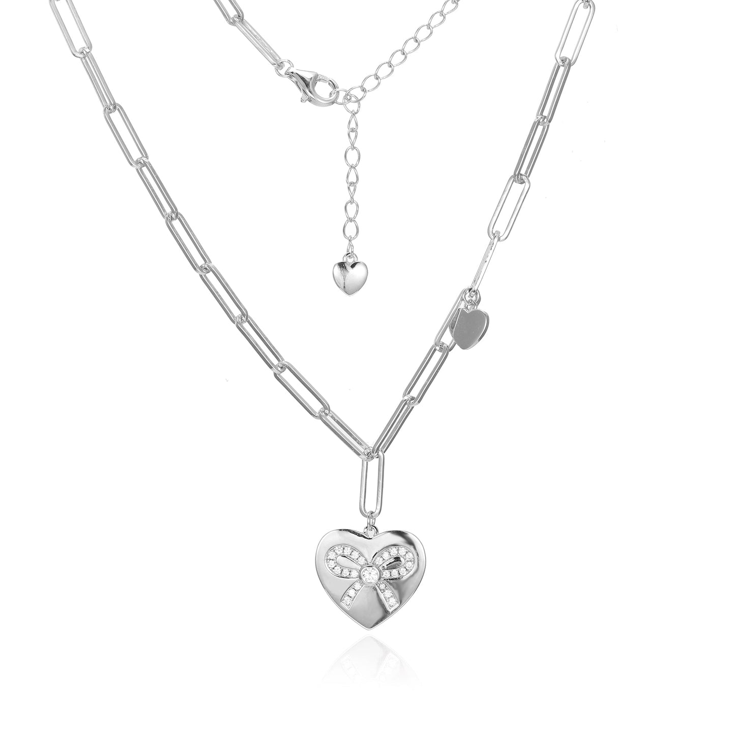 Silver CZ Bow Heart Pendant Necklace