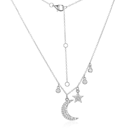 Silver CZ Moon Star Necklace