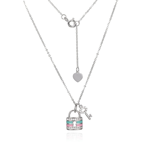 Silver CZ Enamel Key Lock Necklace