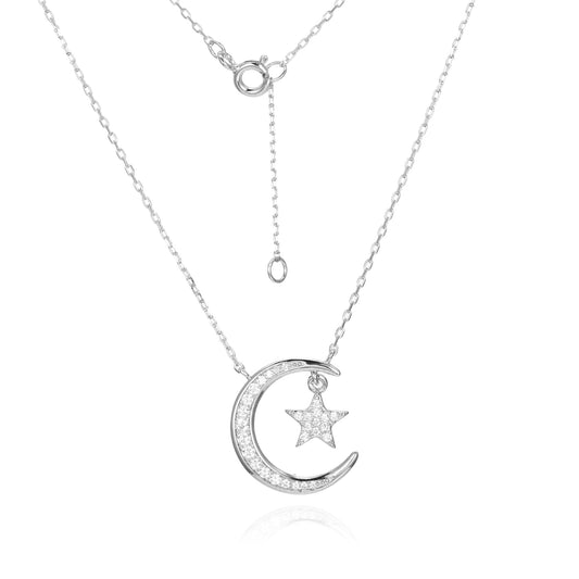 Silver CZ Moon & Star Necklace