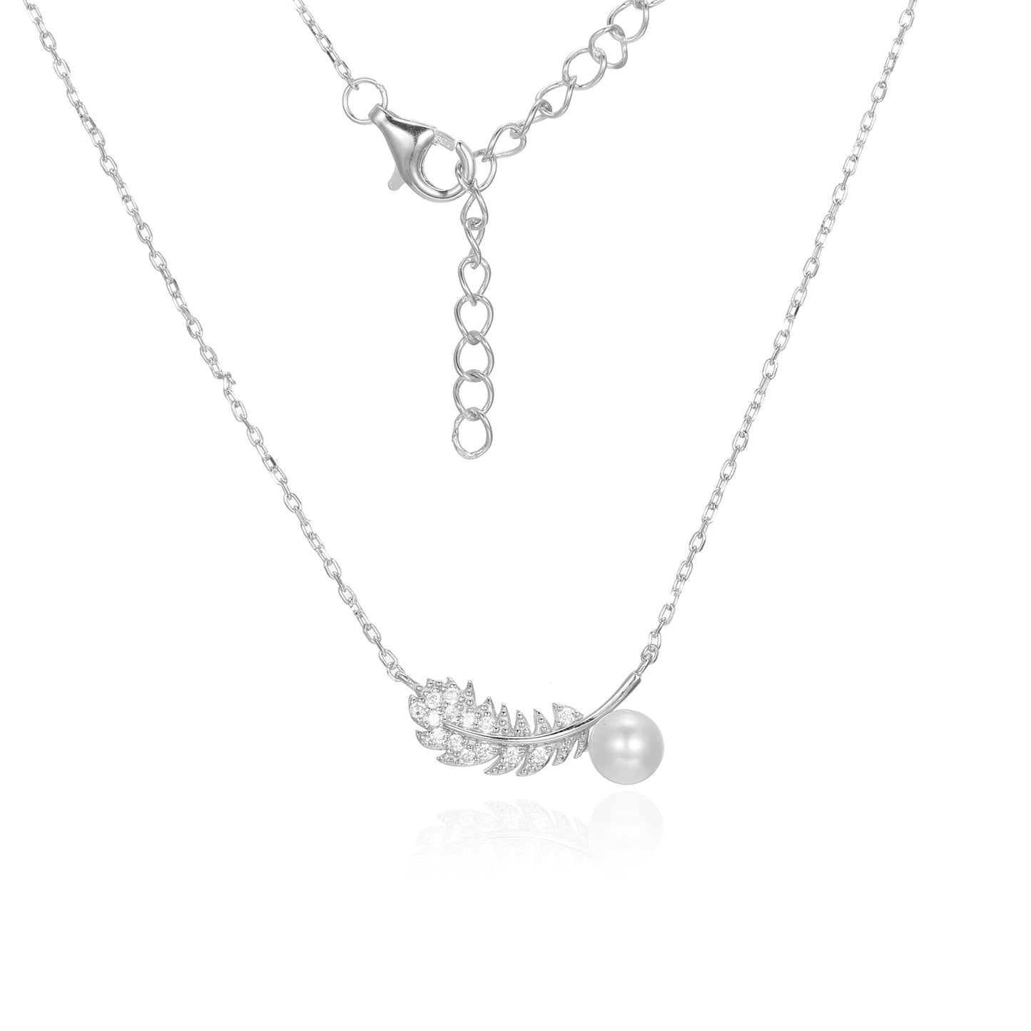 Silver CZ Feather Pearl Necklace