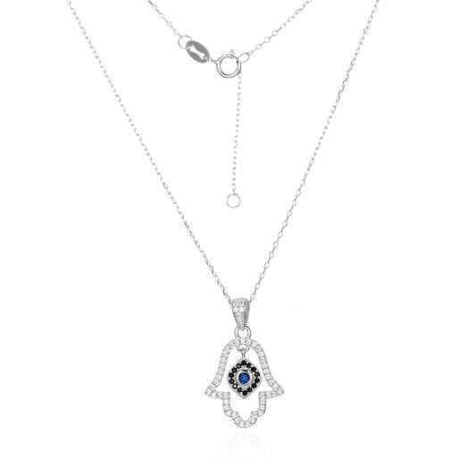 Silver CZ Hamsa Evil Eye Necklace