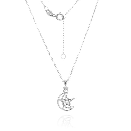 Silver CZ Moon and Star Necklace