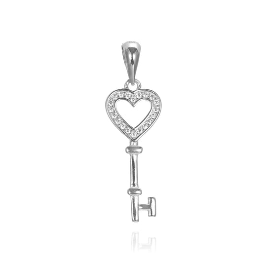 Silver CZ Key Heart Pendant