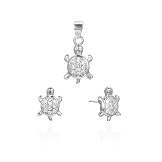 Silver CZ Turtle Earrings Pendant Set