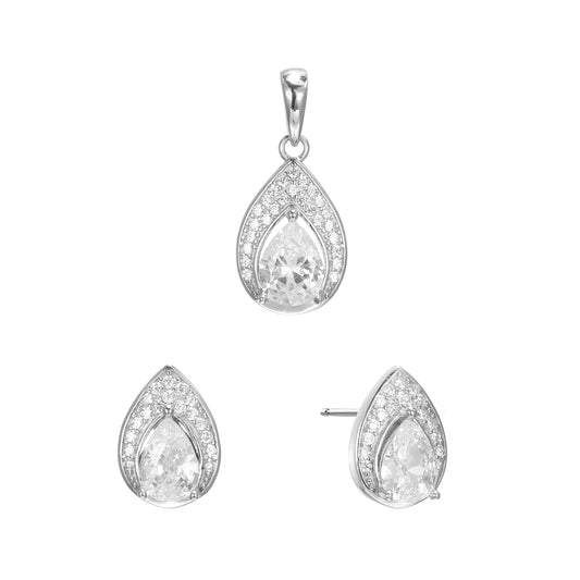 Silver Pear Shape Earrings Pendant Set