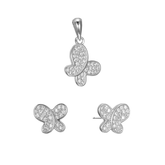 Silver CZ Butterfly Earrings Pendant Set
