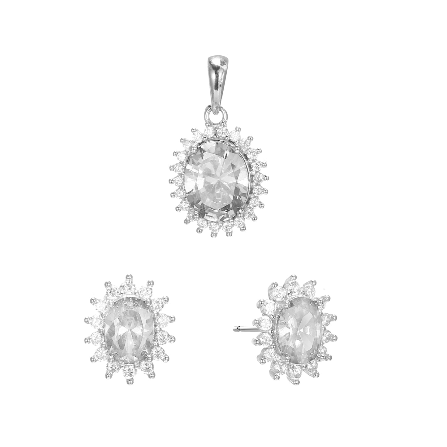 Silver CZ Halo Oval Earrings Pendant Set