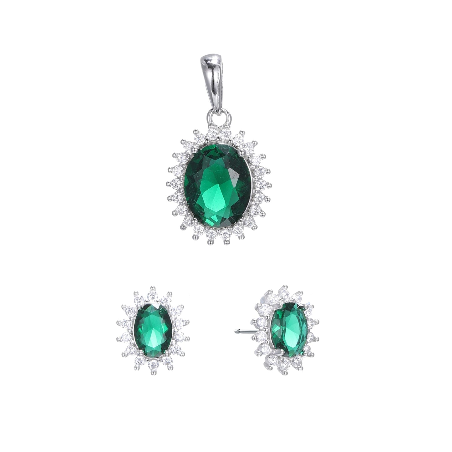 Silver CZ Halo Oval Earrings Pendant Set