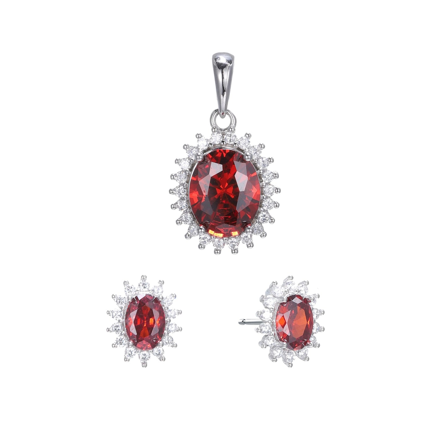 Silver CZ Halo Oval Earrings Pendant Set