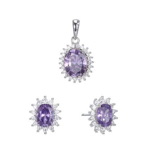 Silver CZ Halo Oval Earrings Pendant Set