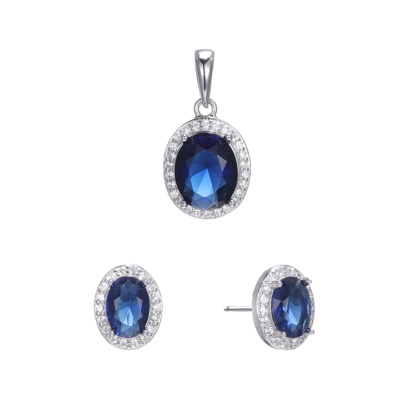 Silver Oval CZ Halo Earrings Pendant Set