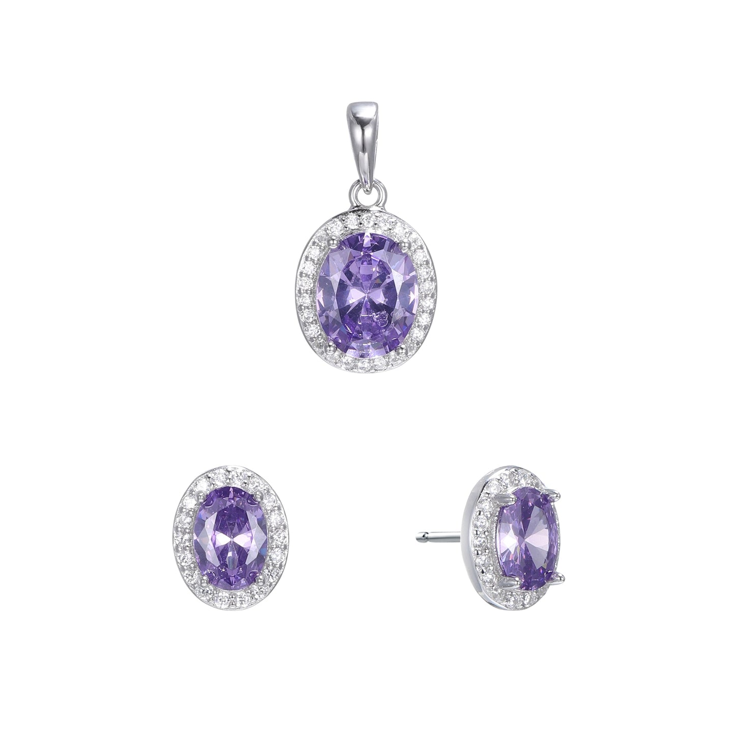 Silver Oval CZ Halo Earrings Pendant Set