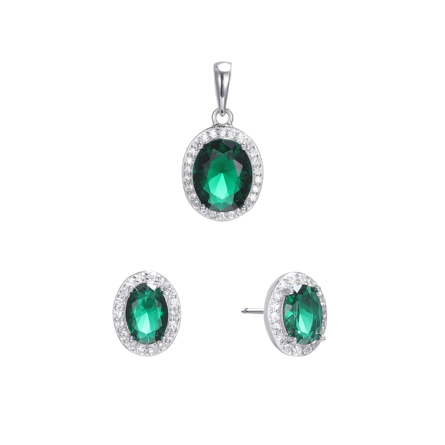 Silver Oval CZ Halo Earrings Pendant Set