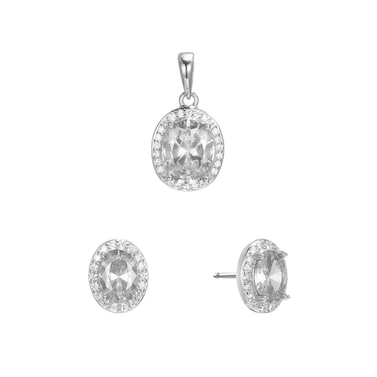 Silver Oval CZ Halo Earrings Pendant Set