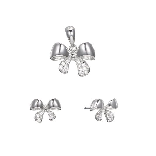 Silver CZ Butterfly Earrings Pendant Set