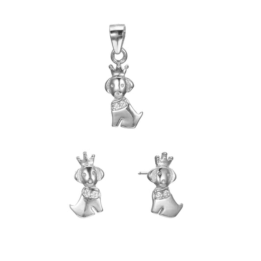 Silver CZ Dog Earrings Pendant Set